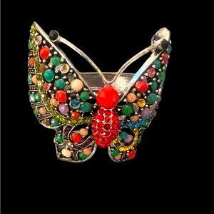 Crystal jeweled BUTTERFLY antique gold hinged bracelet
